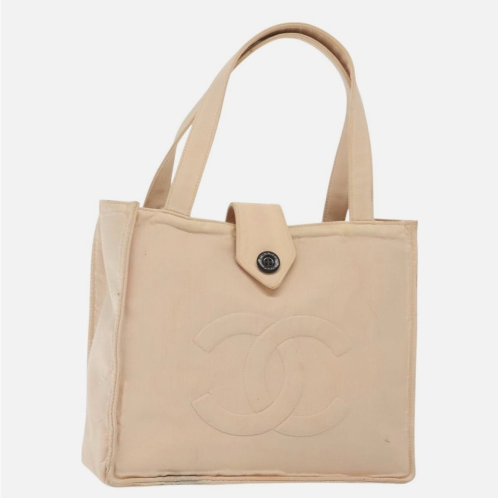 CHANEL COCO Mark Hand Bag Nylon Beige Gold CC Auth